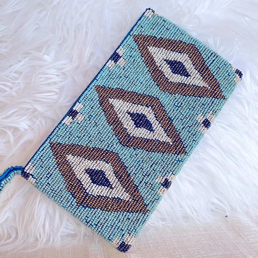 BoHo Lux Tribal Artesian Shimmer Beaded Clutch Wristlet Bag W/Lining & Zipper